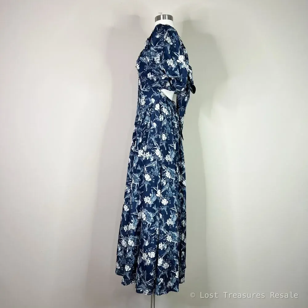 Abercrombie | Floral Drama Puff Sleeve Maxi Dress Open Tie Back Blue White Small